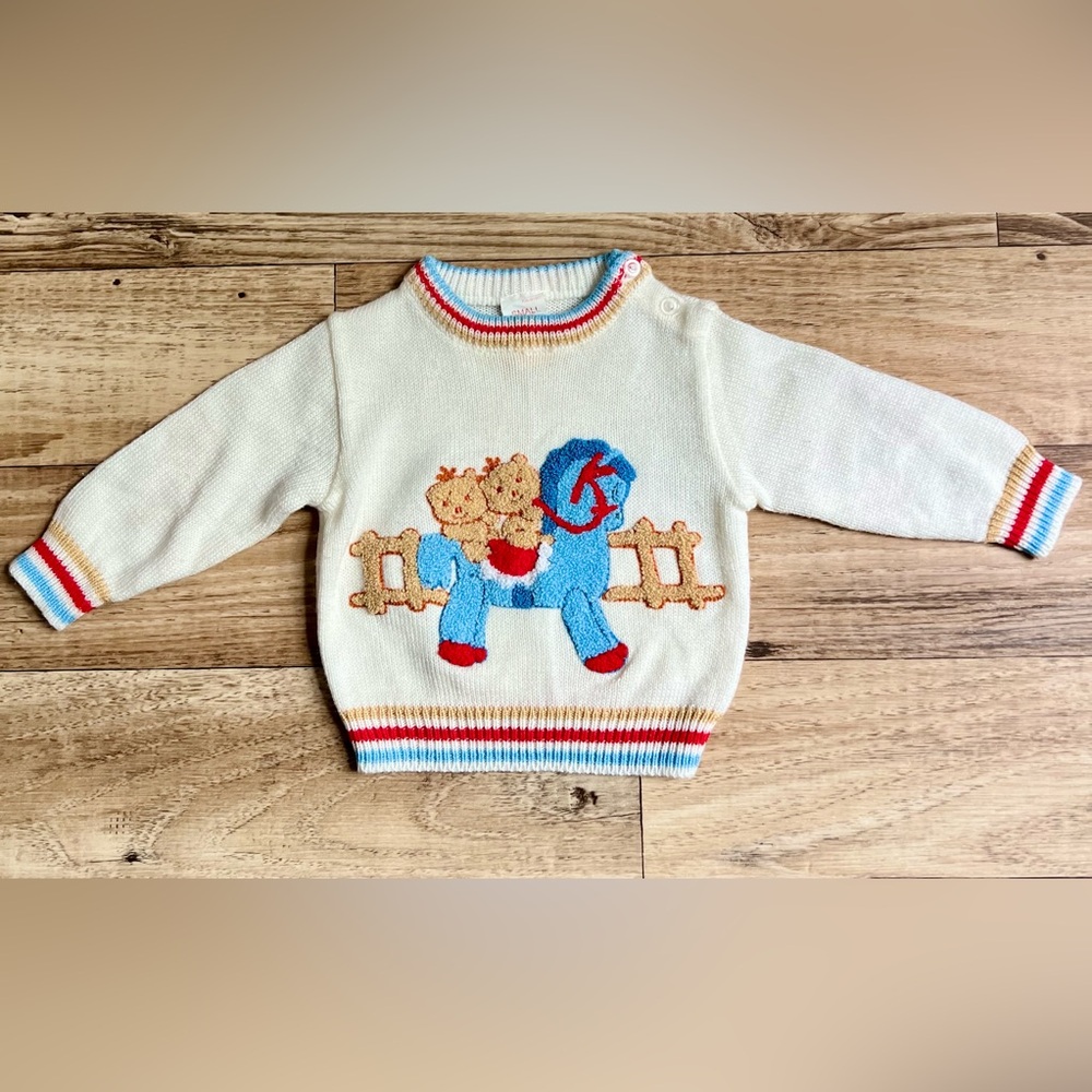 Vintage Sears Baby  Sweater Rocking Horse Teddy Bear Applique Small Infant 80s